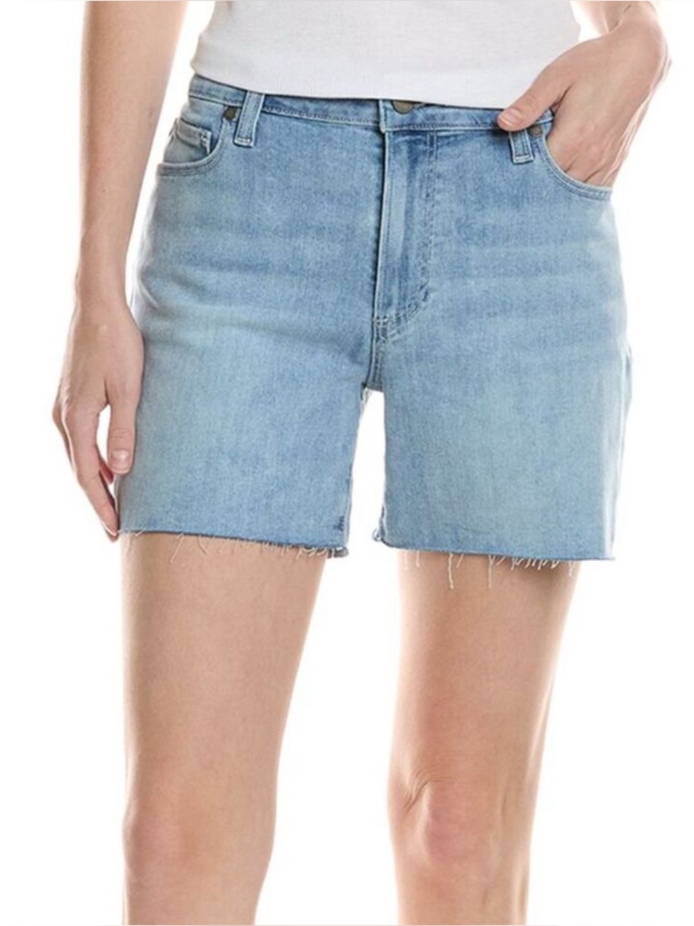 PAIGE Sarah Longline Short 29 Zuna Light Wash Raw Hem High Rise